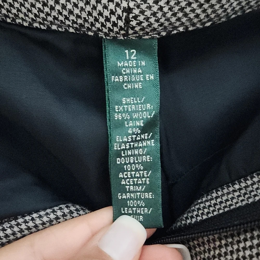 Lauren Ralph Lauren | Houndstooth Straight Leg Wool Leather Pants - Size 12 - Picture 13 of 14